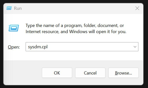 Открытие "Свойства системы (System Properties)" через вызов "Выполнить"
