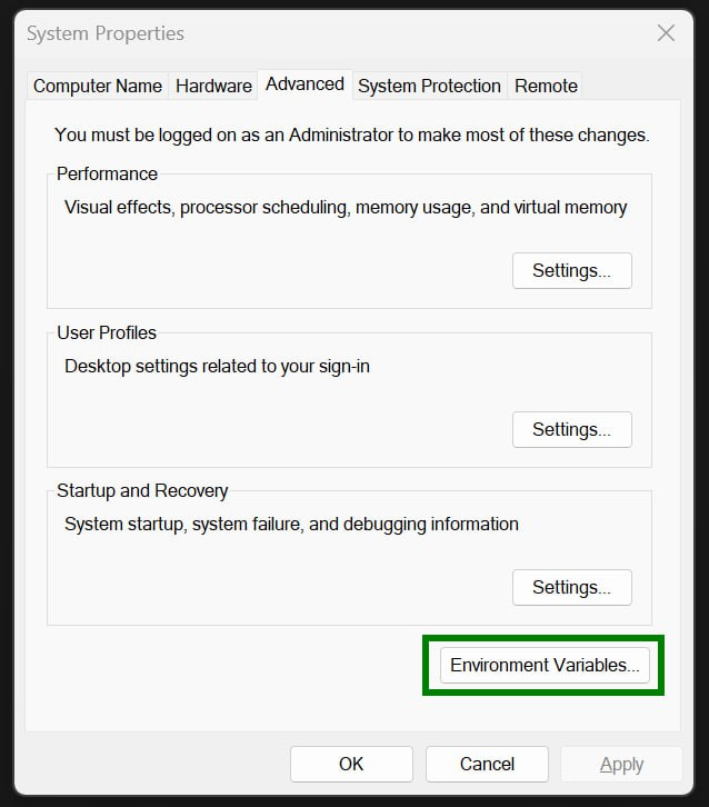Переменные среды (Environment Variables) в Свойствах системы (System Properties)