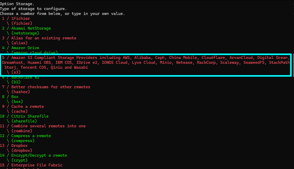 Выбор типа хранилища в rclone