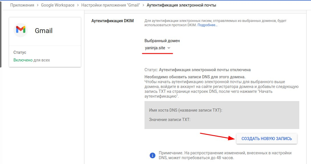 Подключить gmail как почту для домена, *@domain.ru