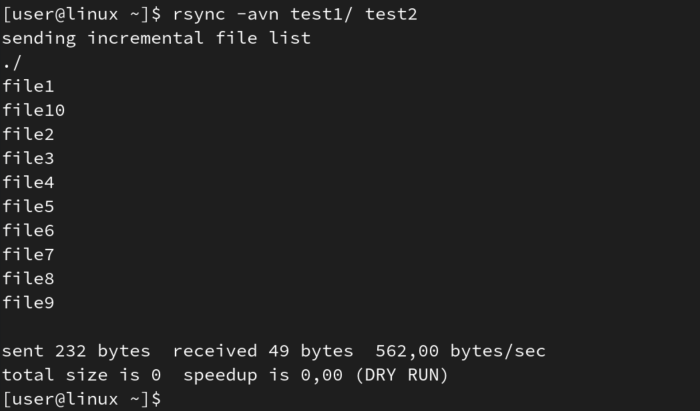 Терминал Linux, команда rsync в режиме DRY RUN