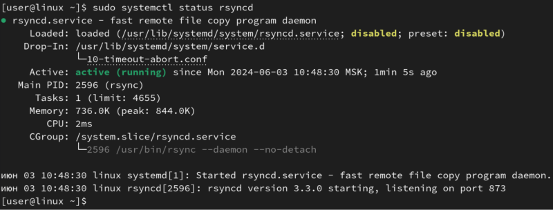Терминал Linux, статус службы rsyncd