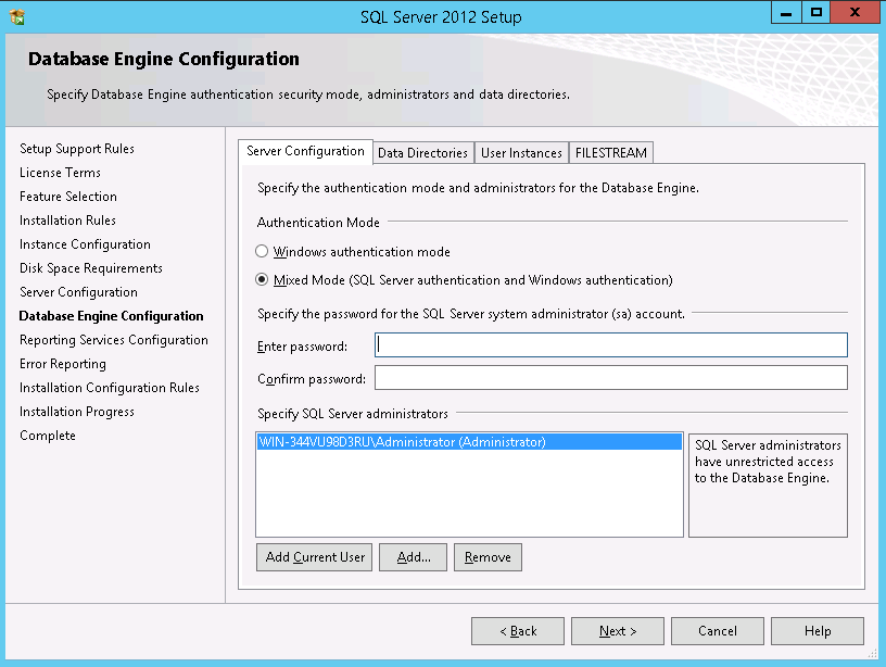 Error reporting 1. Microsoft SQL Server установка. SQL Server 2012 Standard. Access database engine 2010. Каталог данных.